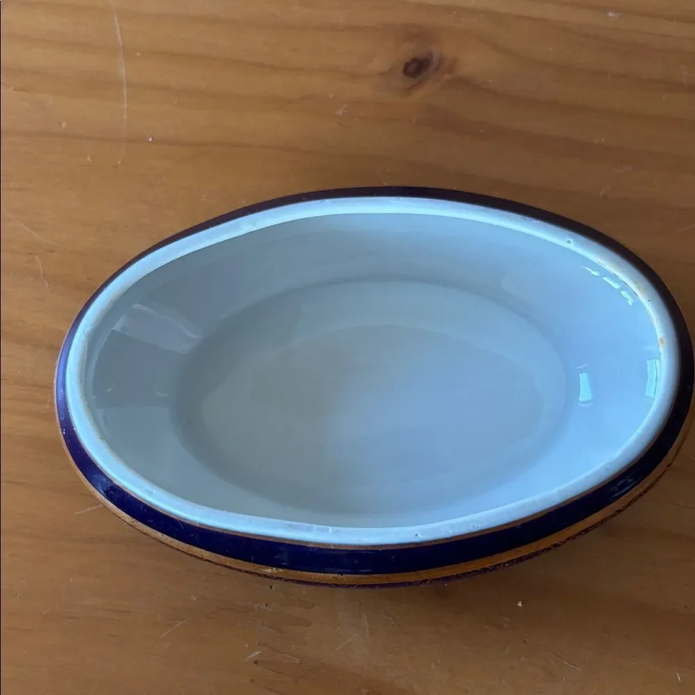 Limoges Porcelain Deep Blue and Gold Oval Trinket Box With Lid